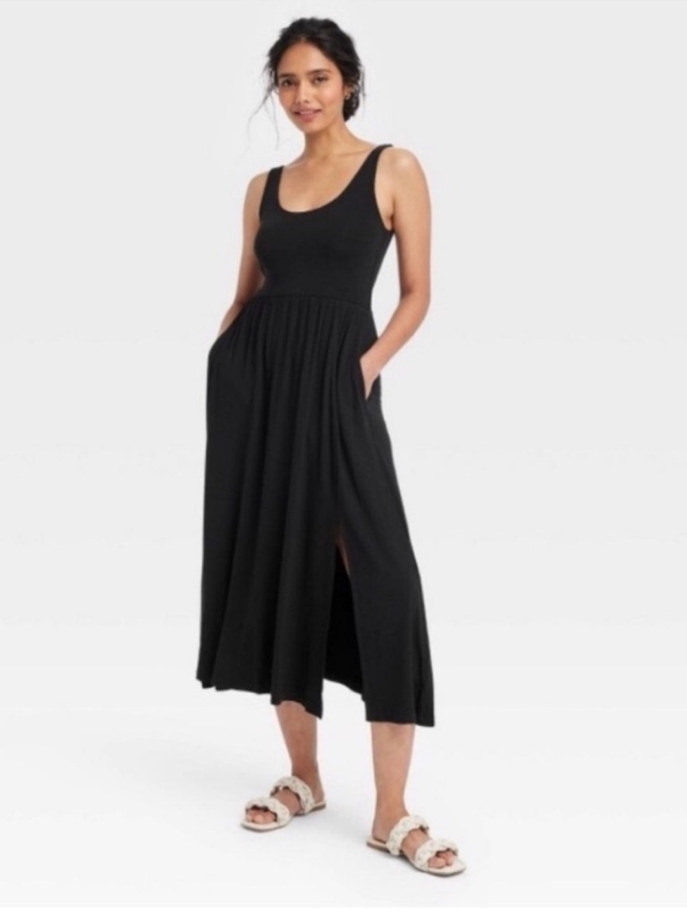 a new day Knit Ballet Scoop MIDI Dress Size Slit Sleeveless M NWOT